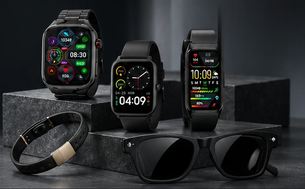 QX TECH watches, screenless health band and smart glasses, arranged in a studio product composition
